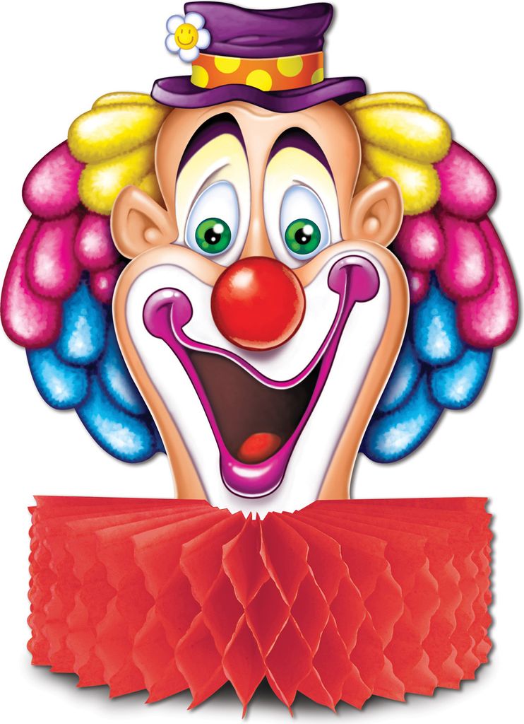 Tischdekoration Clownkopf Seidenpapier, Wabenkranz, beidseitig bedruckt, H 23 cm, Ø 15 cm, stabiler Stand, für Karneval & Party