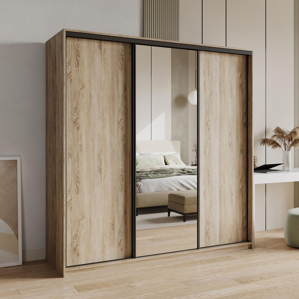 Masseno Schiebetürenschrank TAVI 180/205/60 cm Kleiderschrank mit 4 Schubladen Schlafzimmer Schrank 3-türig mit Spiegel Sonoma Eiche