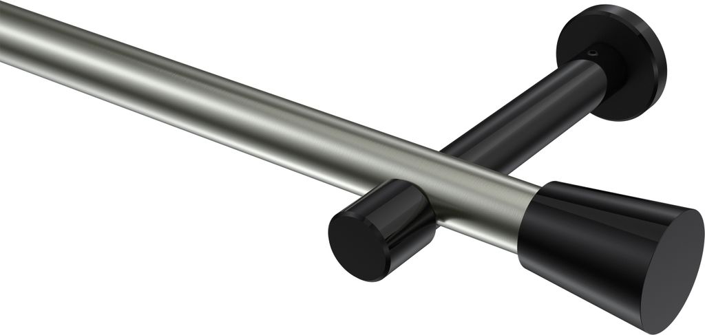Interdeco Gardinenstange / Vorhangstange Edelstahl-Optik / Schwarz, Typ Prestige Sitra (Konus) ohne Ringe, 20 mm Ø 1-läufig, 260 cm