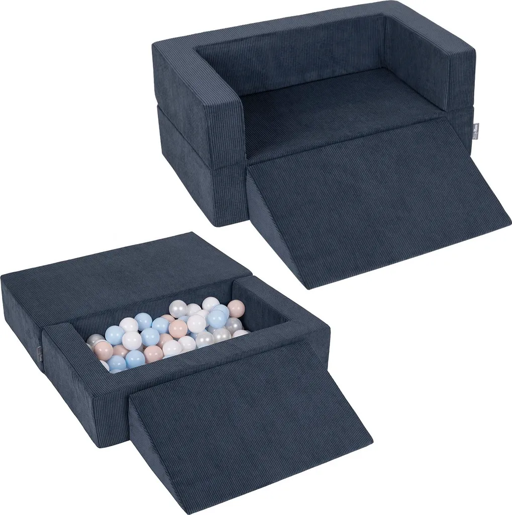 Divano Modulare KiddyMoon Blu Scuro: Tessuto a Coste e 100 Palline 7cm