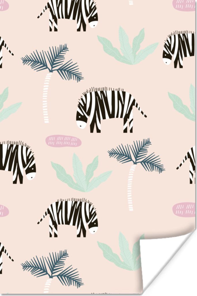 MuchoWow Poster Zebra - Pflanzen - Rosa 20x30 cm - Papierdruck