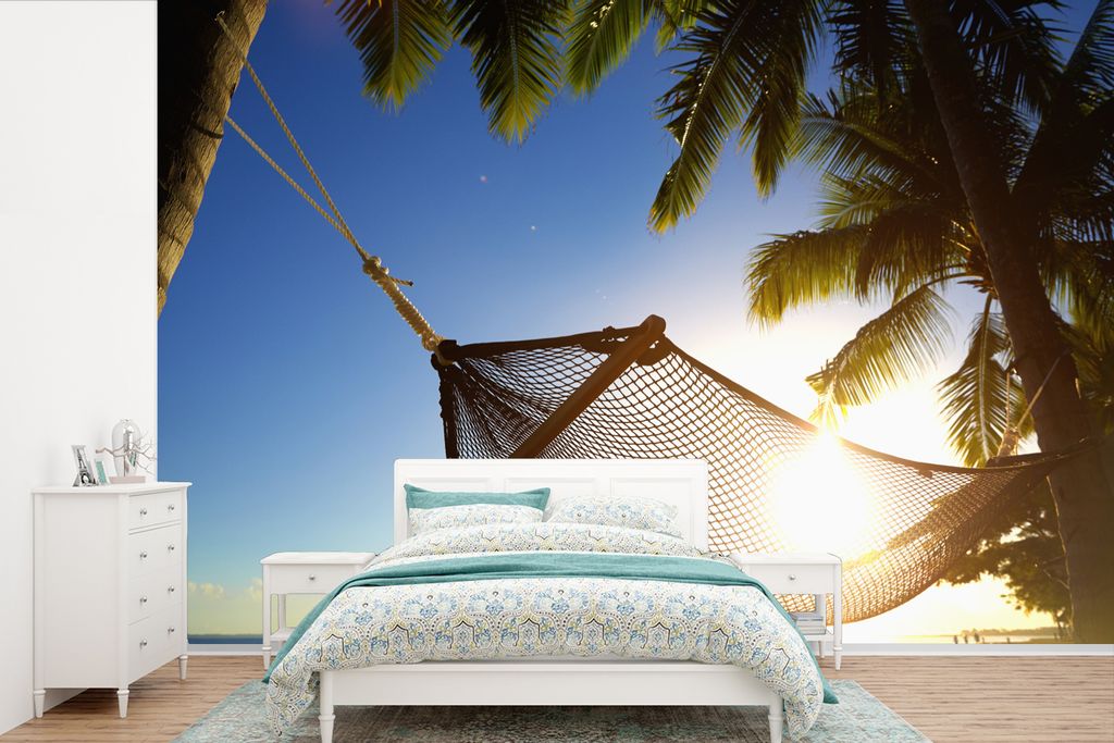 MuchoWow Fototapete für Wohnzimmer oder Schlafzimmer Wandtapete Vinyl Motivtapete Hängematte - Strand - Sonne - 360x240 cm - Vinyl-Tapete