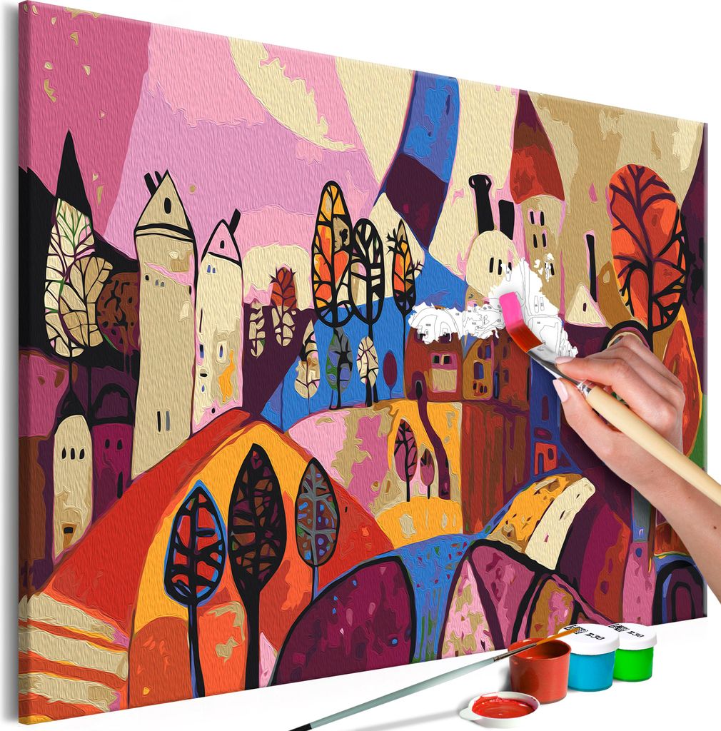 Malen nach Zahlen abstraktes Stadt Landschaft bunt 50x40 cm Malset mit Holzrahmen auf Leinwand für Erwachsene Kinder Gemälde Handgemalt Kit DIY