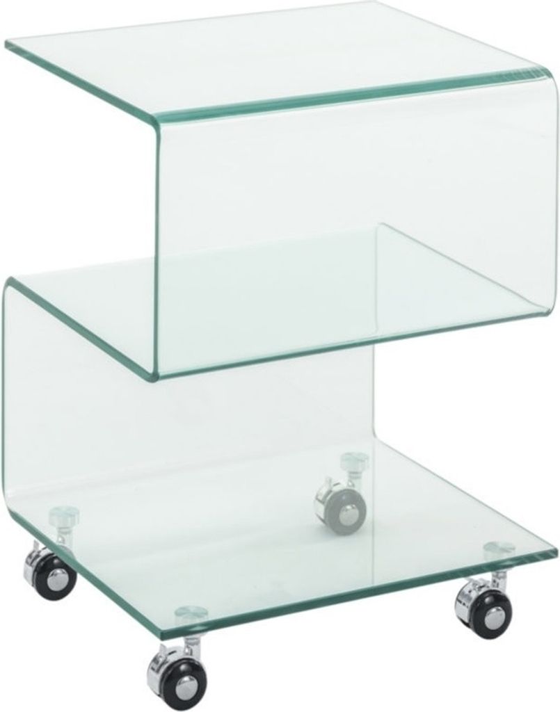 A clear glass side table with wheels.