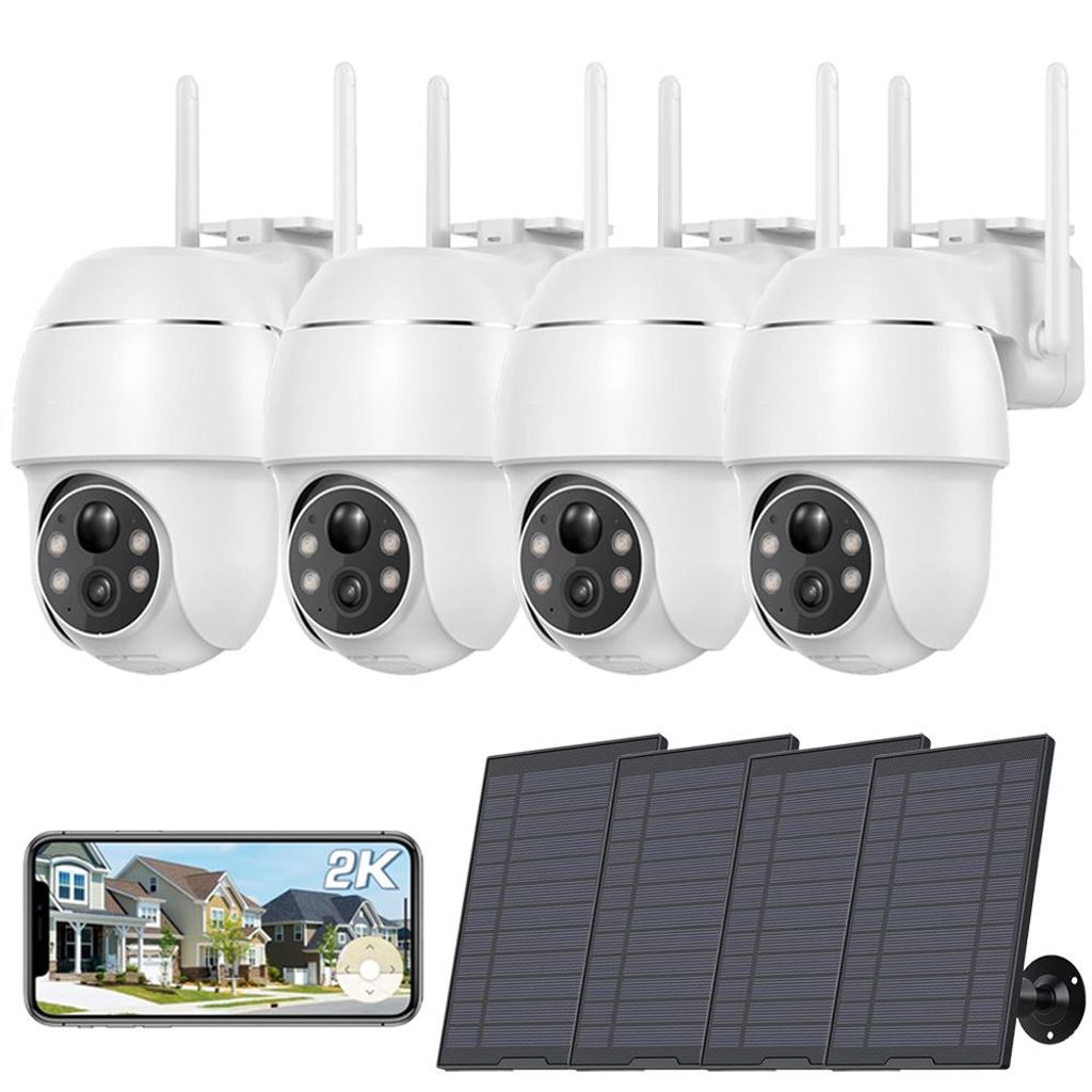 4 Stück 2K Solar Überwachungskamera Aussen 355°/90° Schwenkbar Aussenkamera Akku Farbnachtsicht Personen-/Bewegungserkennung Kabellose WLAN IP ...