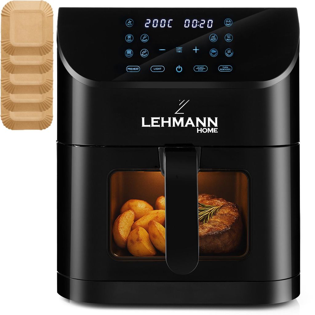 A black Lehmann Home air fryer is shown with food inside, alongside a stack of disposable air fryer liners.