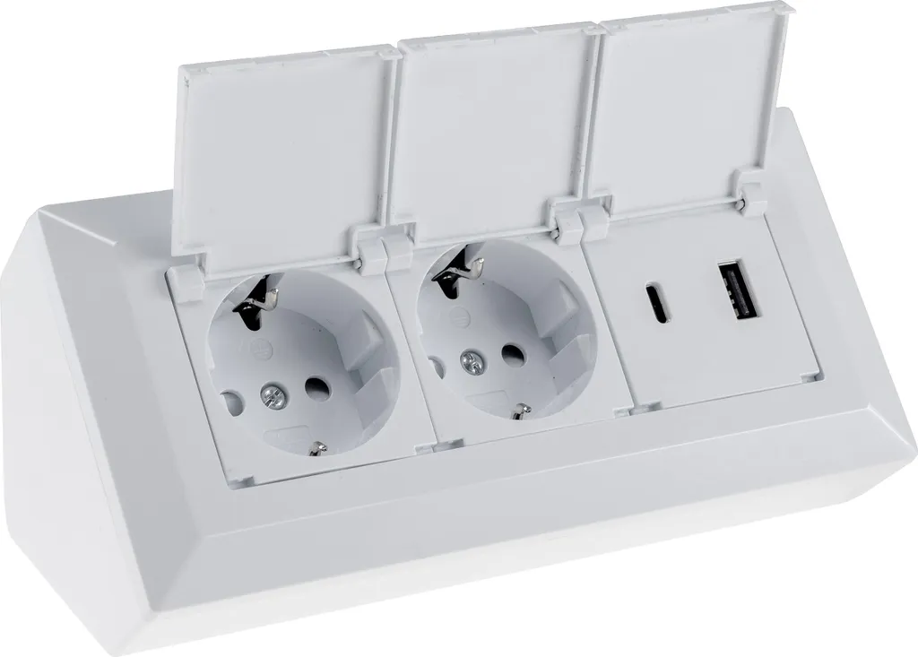 Prise multiple 2x USB-A+C blanche 3,1A avec clapets étanches poussière