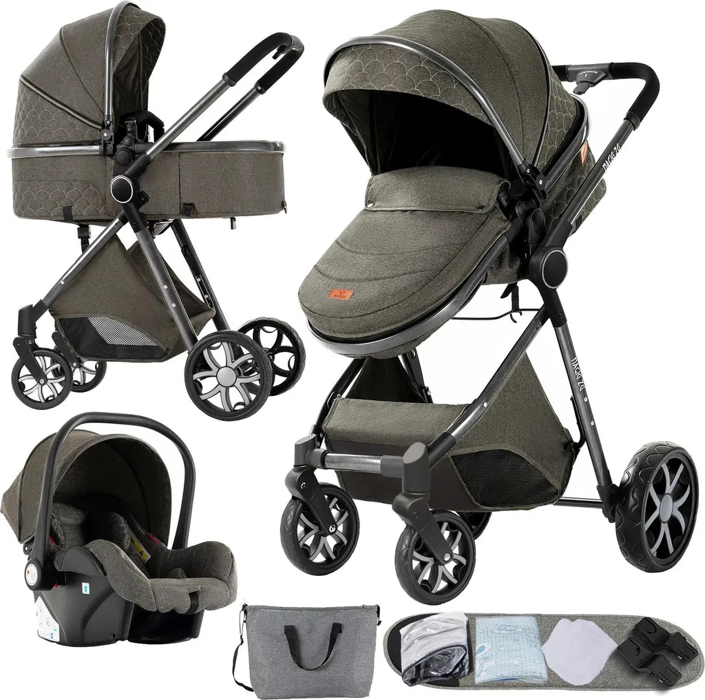 Poussette trio évolutive grise, pack trio avec nacelle et cosy réglable