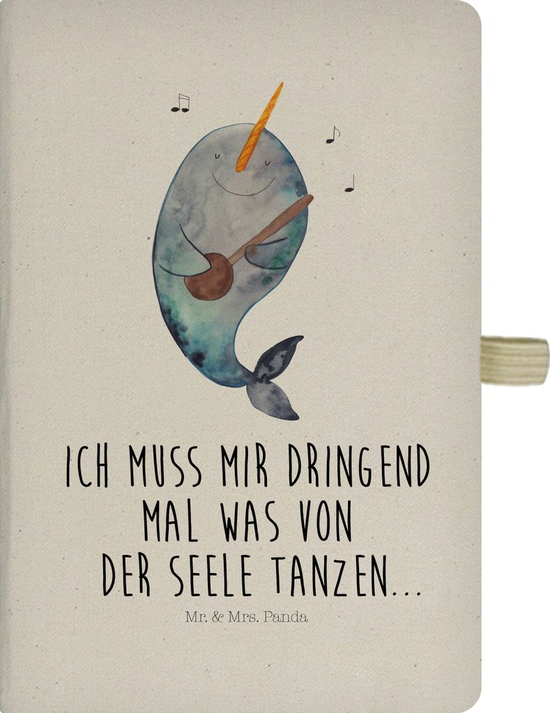 Mr. & Mrs. Panda DIN A5 Baumwoll Notizbuch Narwal Gitarre - Transparent - Geschenk, Heft, Tagebuch, Wal, Tanzen, Frust, Kladde, Journal, Meer, Reis...