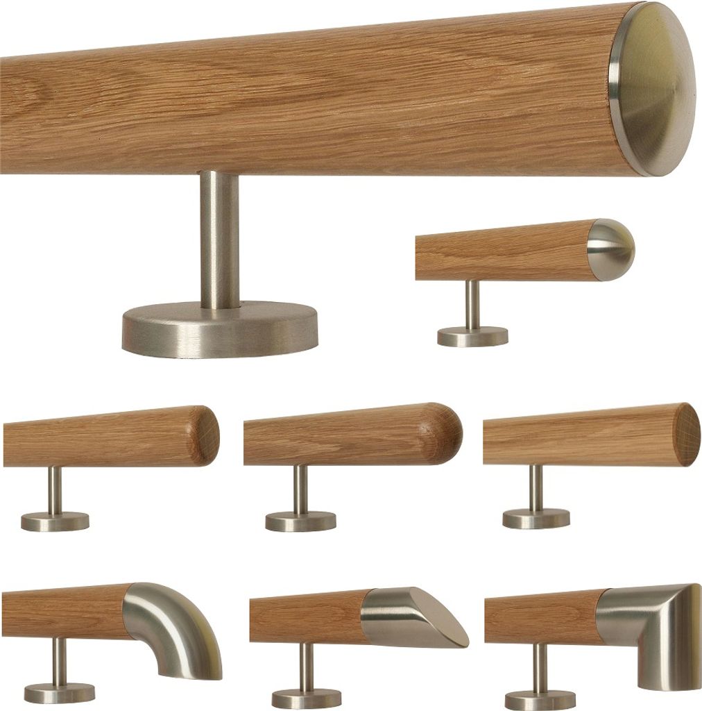 TIBU Eiche Holz Handlauf Geländer 0,3m - 5m, Länge 320 cm, Ende leicht gewölbte Edelstahlkappe und 4 gerade Halter