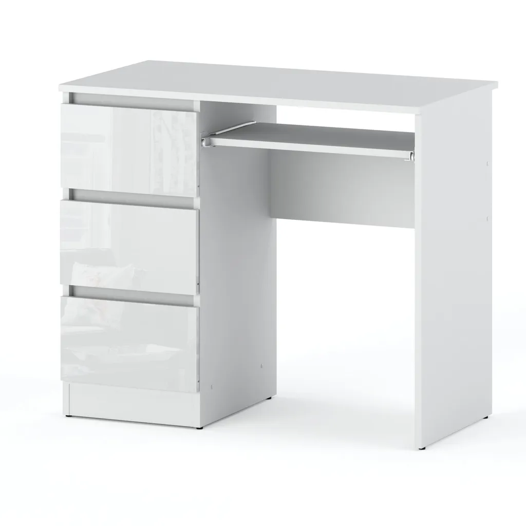 Petit bureau informatique blanc avec rangements et tablette clavier
