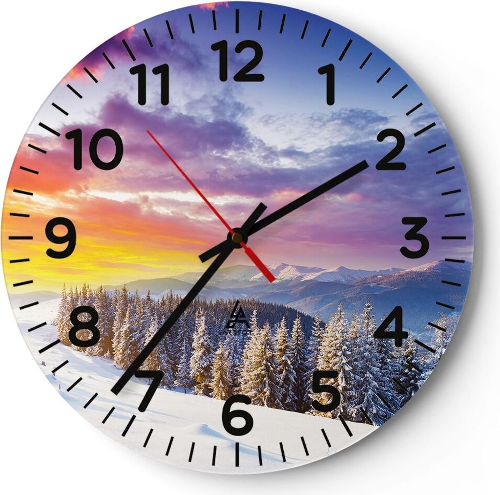 Wanduhr - Rund - Glasuhr - Berge Schnee Winter - 30x30cm - Schleichendes Uhrwerk - Lautlos - zum Aufhängen bereit - Dekoration Modern - Wanddekora...