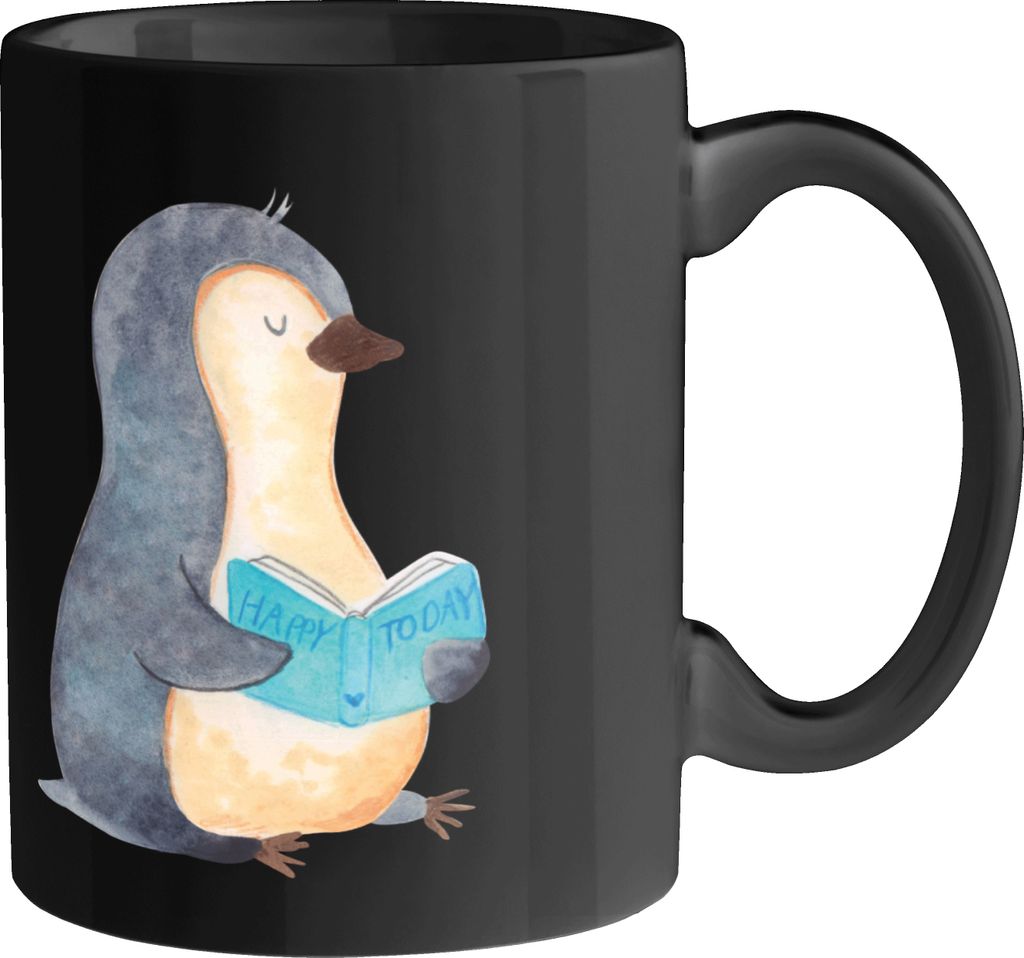 Mr. & Mrs. Panda Teetasse Pinguin Buch - Schwarz - Geschenk, Lesen, Bedruckte Tasse, Becher, Urlaub, Kaffeetasse, Nichtstun, Ausruhen, Ferien, Pott