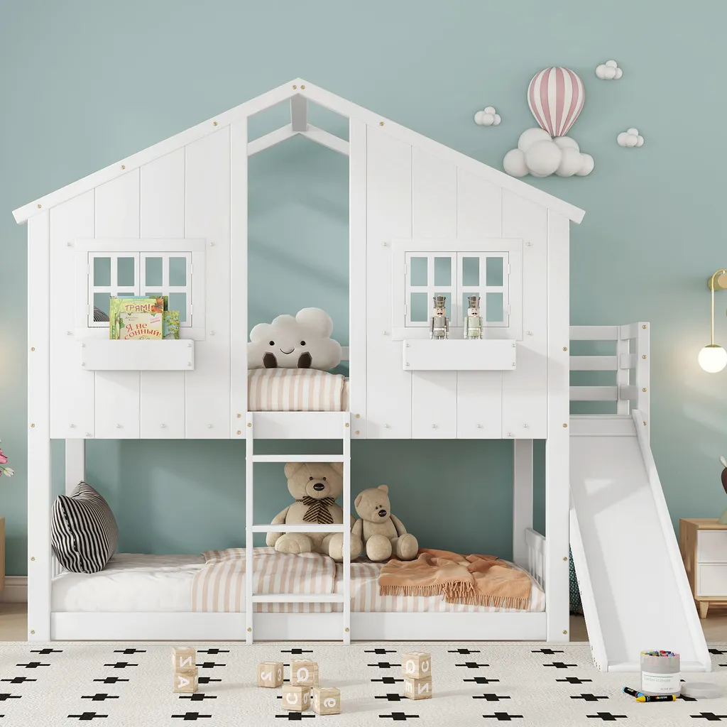 Lit enfant gain de place 90x200cm avec toboggan et étagères de rangement