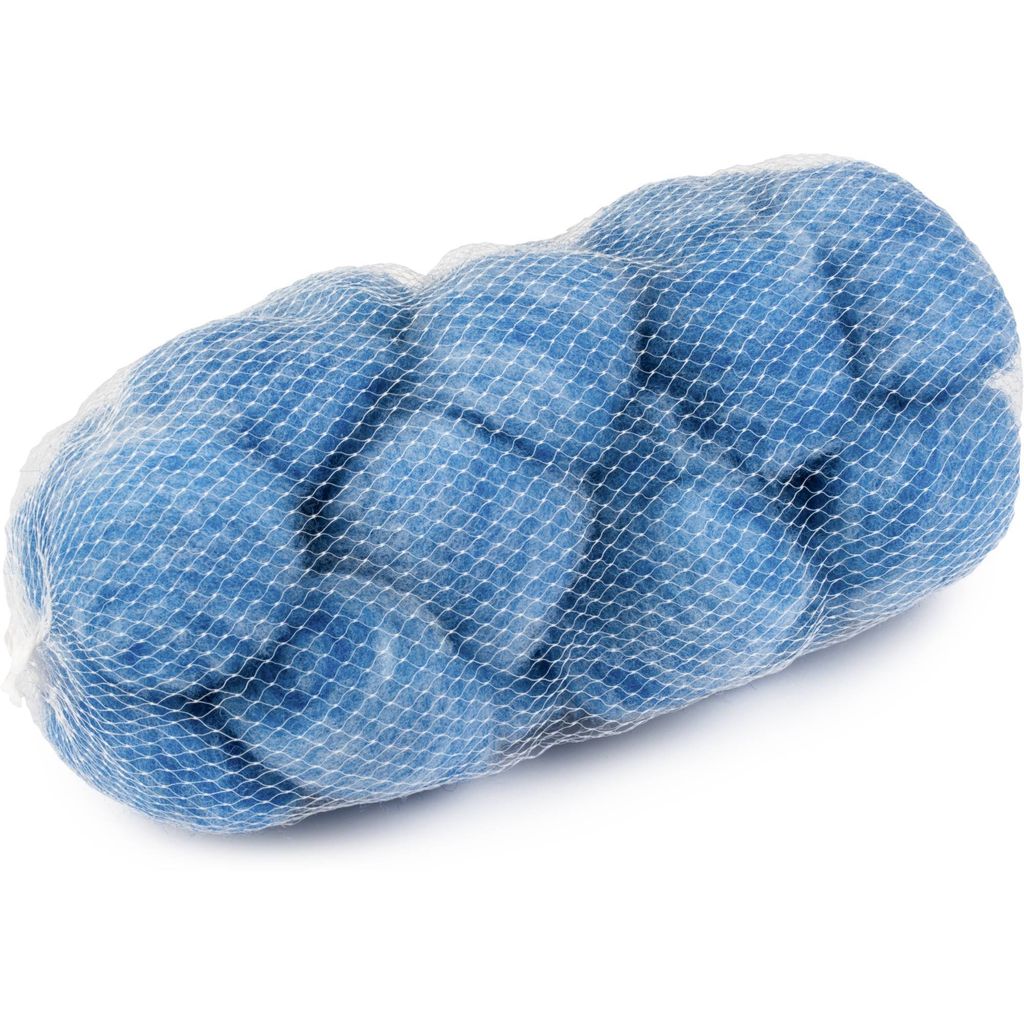 A mesh bag filled with blue, spherical objects, likely filter media, against a white background.