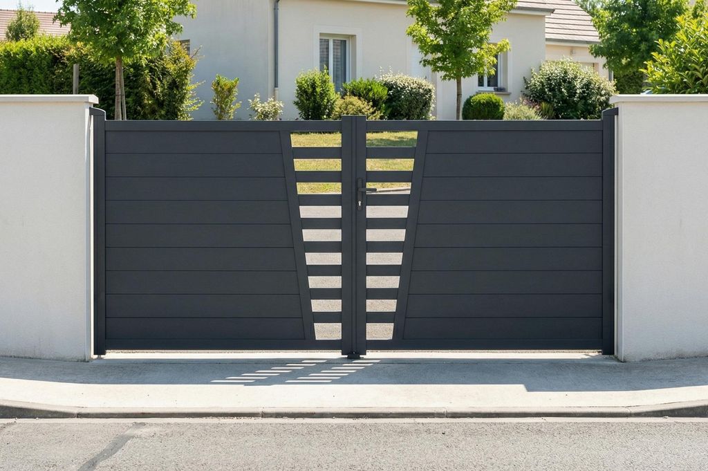 Schwingtor 3,5 m CERVINA H. 160 cm graues Aluminium + Tor 1 m H. 160 cm graues Aluminium