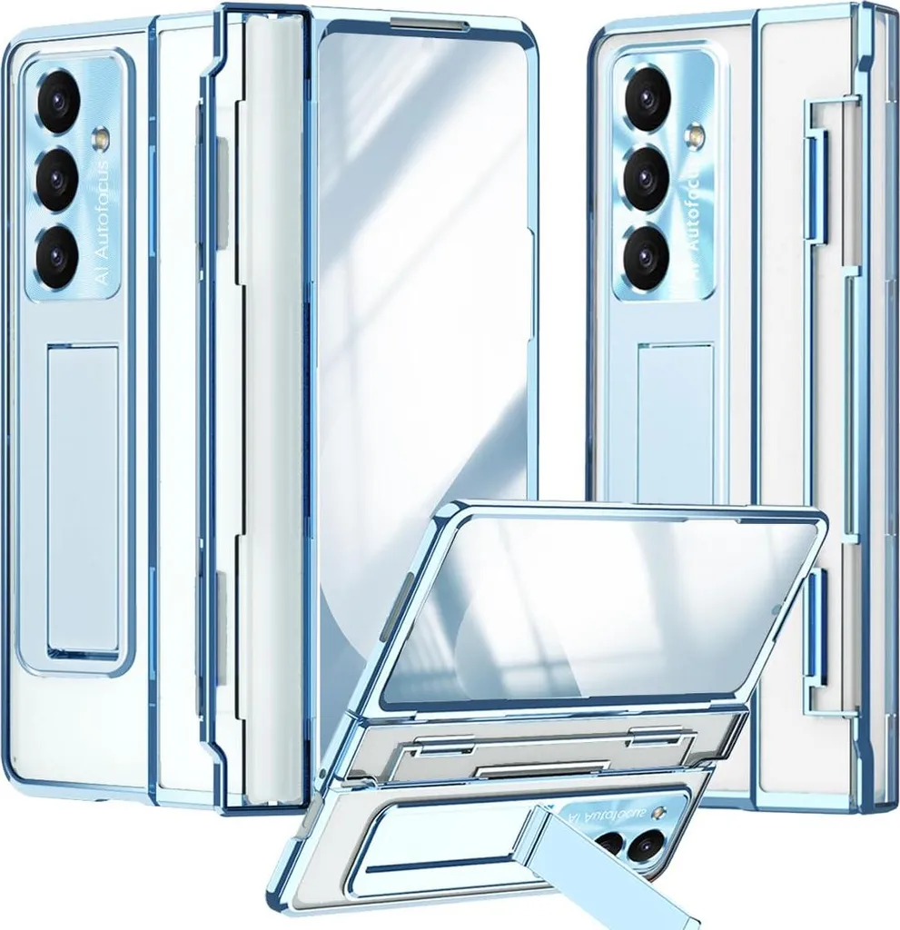 Custodia per Samsung Galaxy Z Fold 7, protezione del display e delle lenti, custodia trasparente zincata con supporto blu