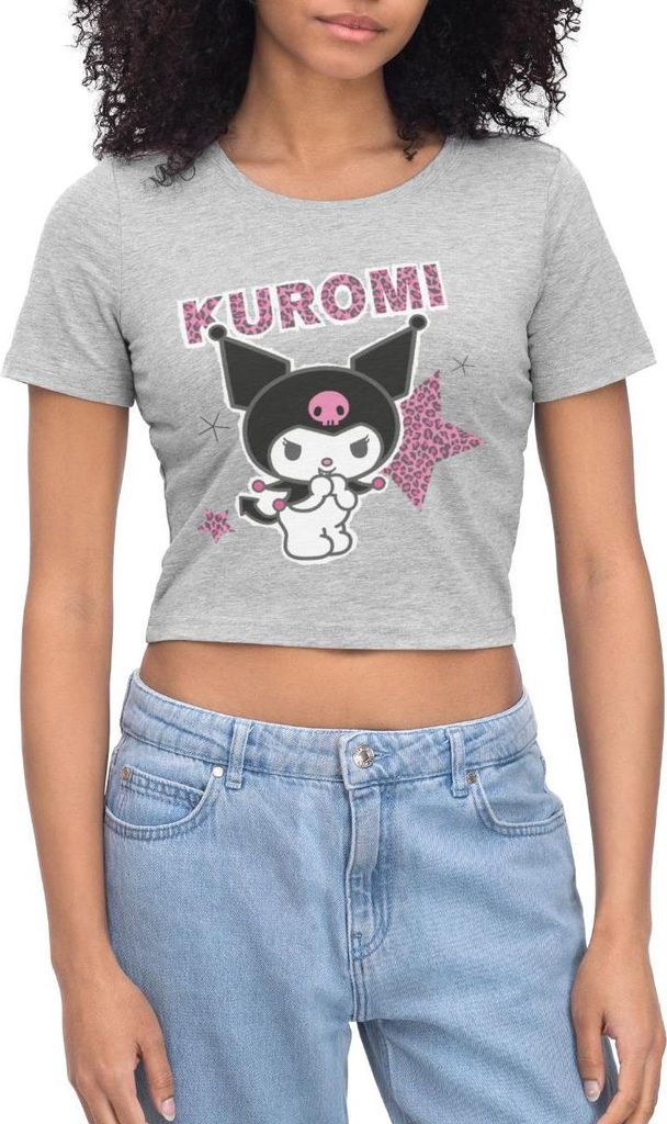 Spreadshirt Kuromi Mit Schriftzug Leo Stil Crop Top, XL, Grau meliert