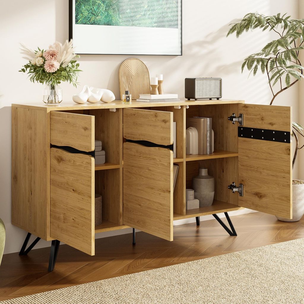 MODFU Sideboard Wohnzimmerschrank mit 3 Türen,Buffetschrank Kommode mit schwarzen Metallbeinen und mehreren Inneneinteilungen,Holzfarbe