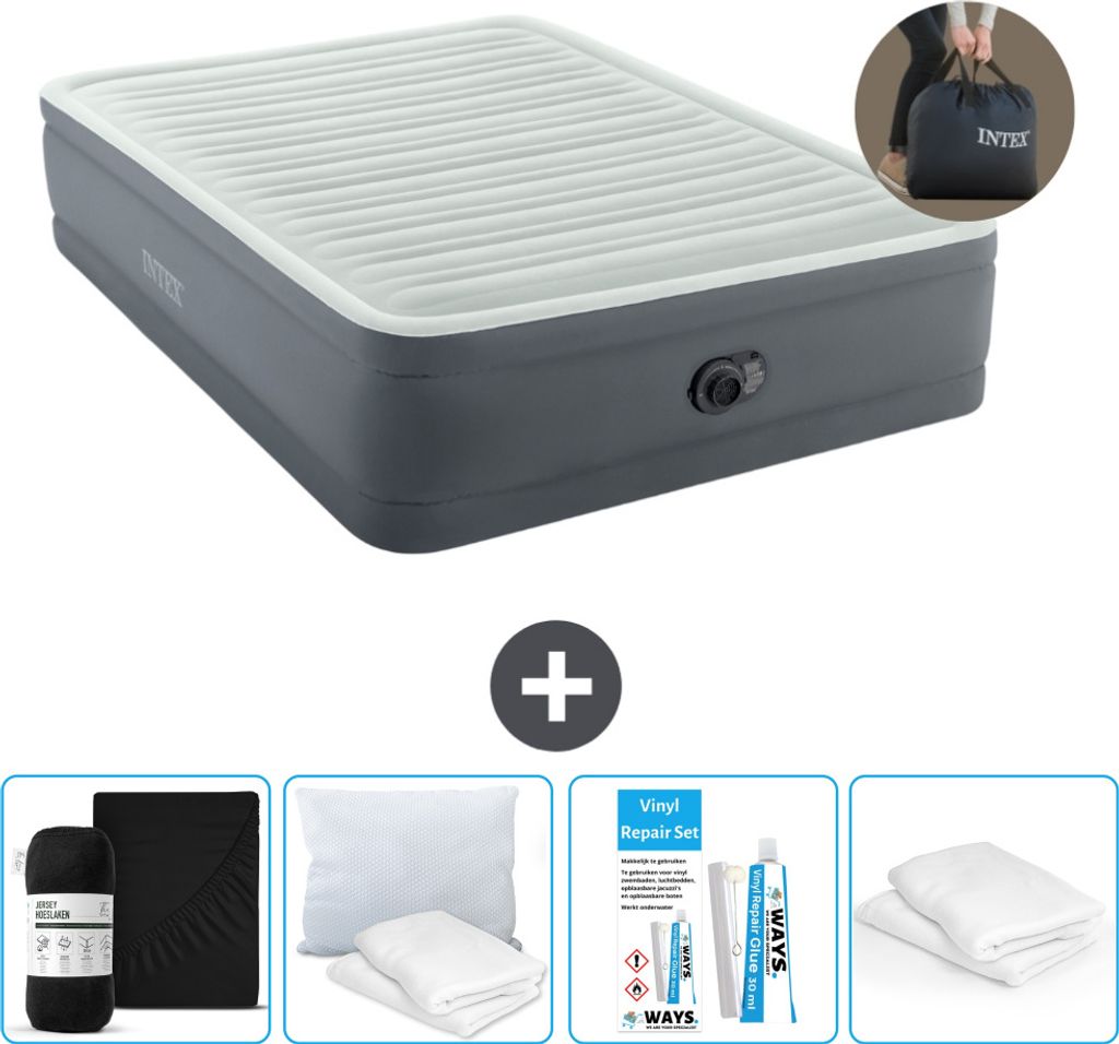 Intex Luftbett - 2 Personen - 152 x 203 x 46 cm - Grau - Inklusive Pumpe - Spannbettuch - Küssen - Reperaturset en Kissenschutz
