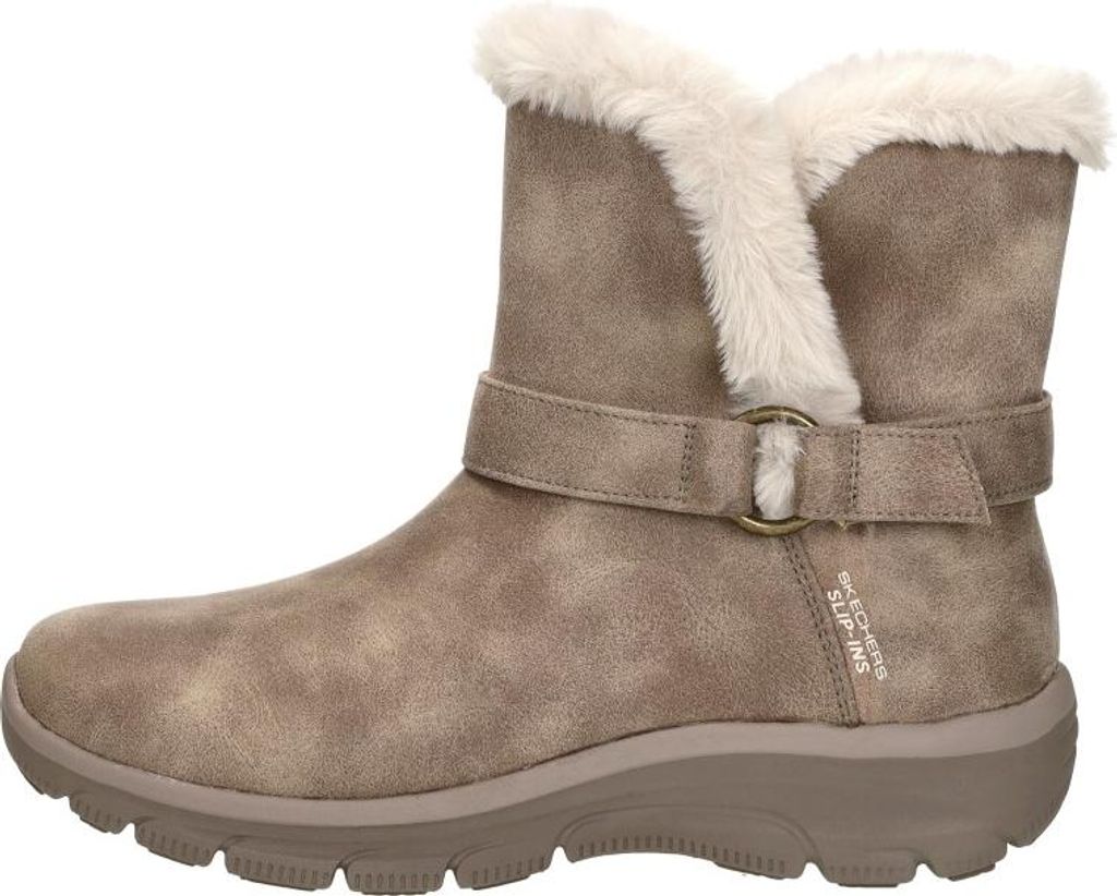 A side view of a single brown boot with faux fur trim.