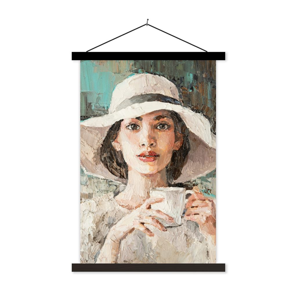 MuchoWow Textilposter Gemälde - Frau - Ölzeug - Hut - Kaffee 120x180 cm mit schwarzem Rahmen - Fotos