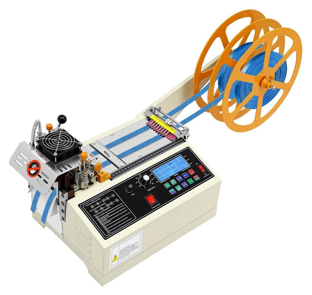 Automatische Band- und Gurt-Schneidemaschine - Heiß- & Kaltzuschnitt - 400 W - 220 V - LCD-Display - Not-Aus - Stahlklinge - 40×30×20 cm - Weiß
