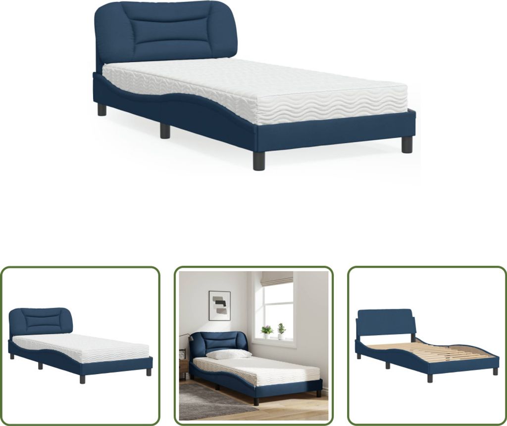 The Living Store Bett mit Matratze Blau 100x200 cm Stoff