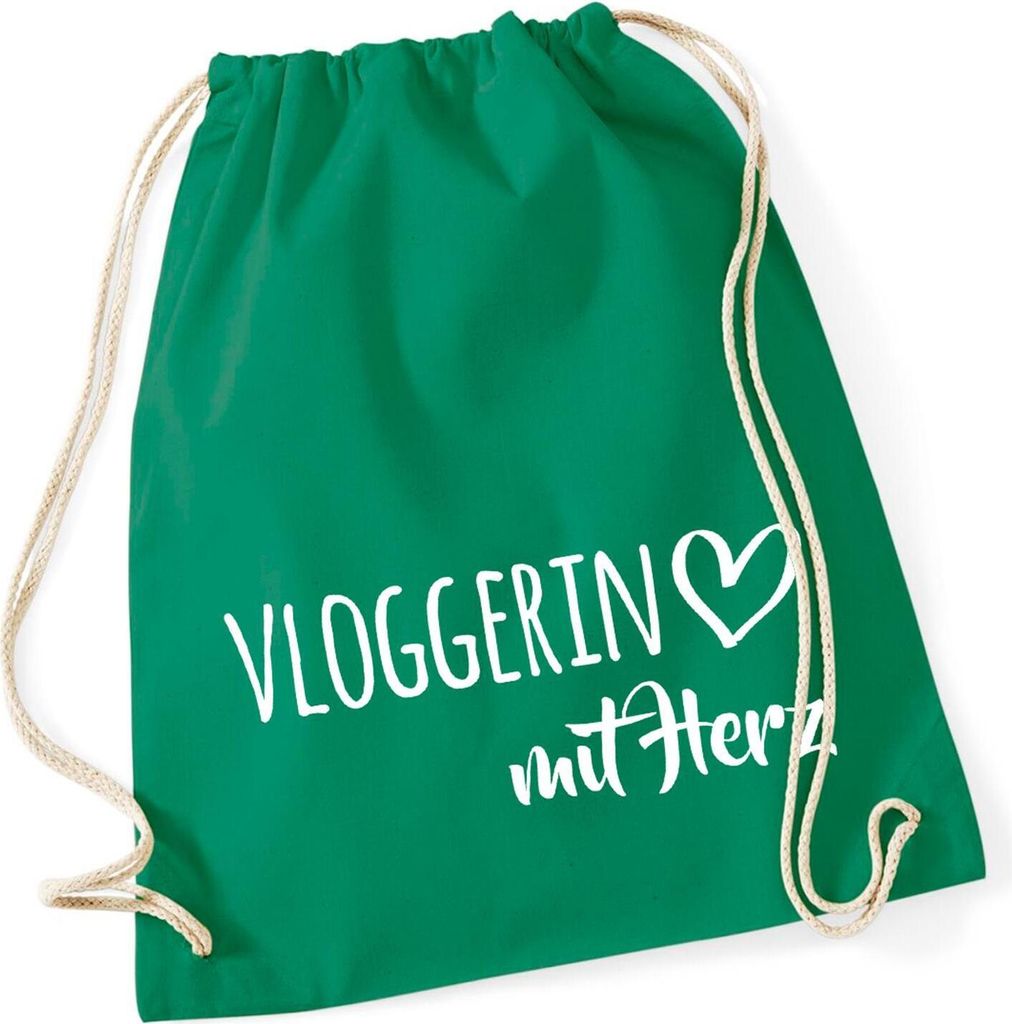 Huuraa Turnbeutel Vloggerin mit Herz 12 Liter Kelly Green Baumwolle Rucksack Geschenkidee
