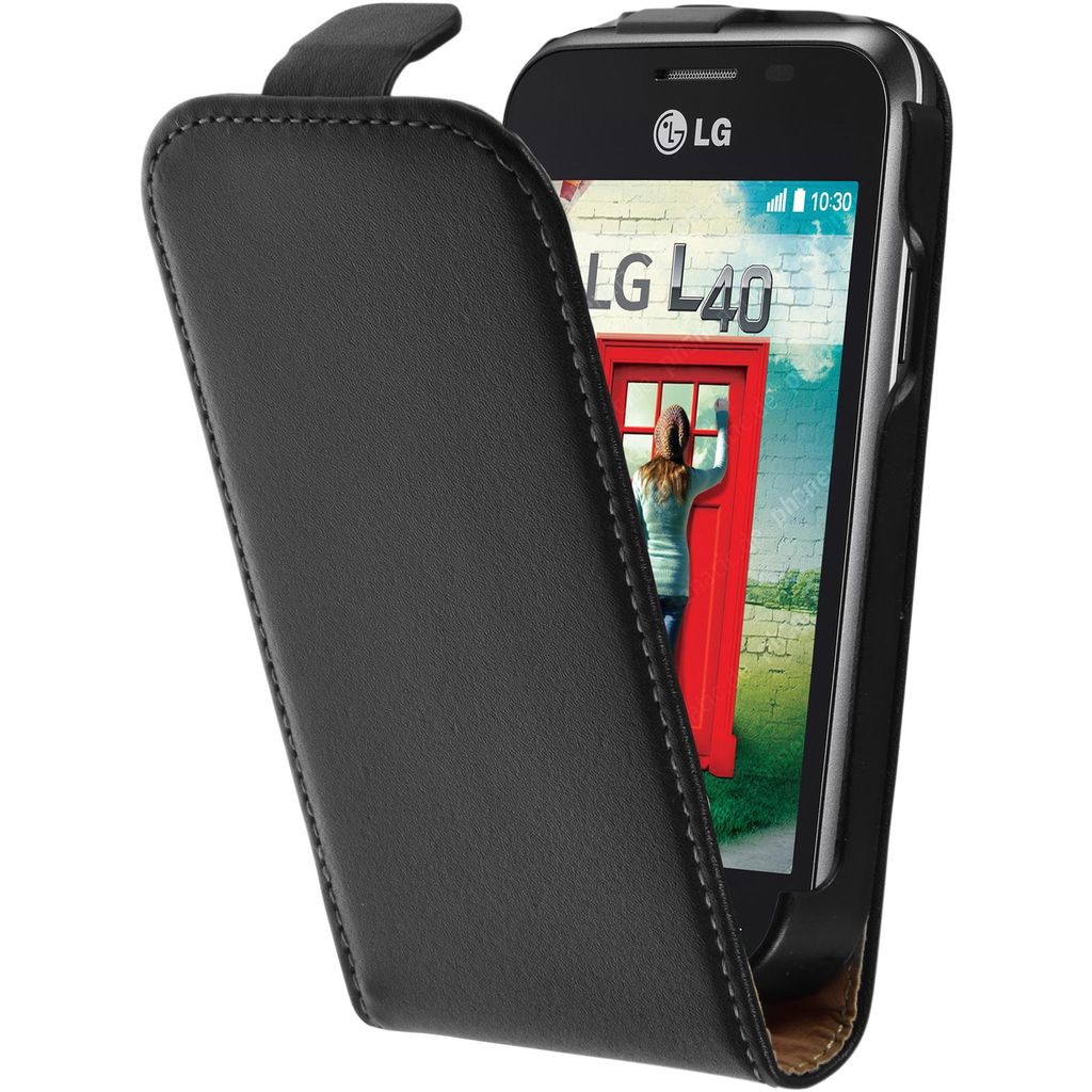 PhoneNatic Kunst-Lederhülle kompatibel mit LG L40 - Flip-Case schwarz + 2 Schutzfolien