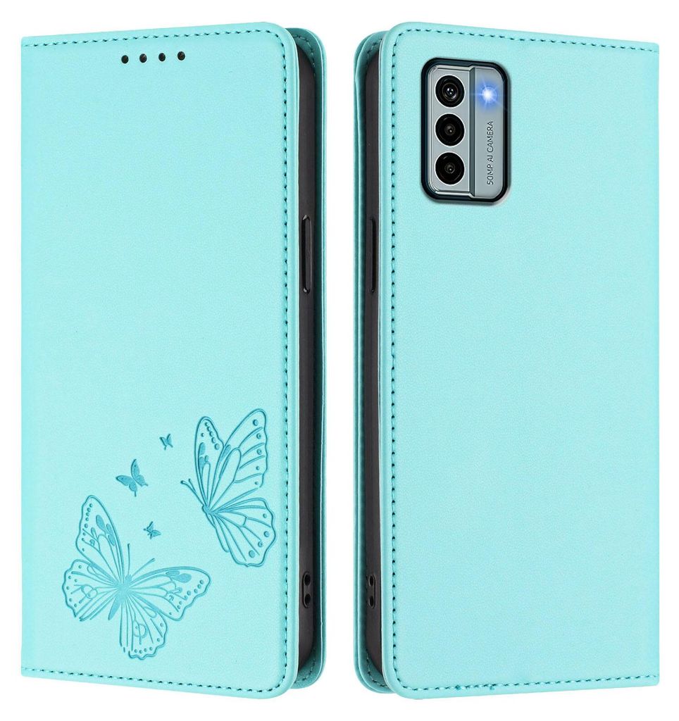Lederhülle für Nokia G22, Schmetterling Prägung Leder Brieftasche Schutzhülle mit Ständer Türkis