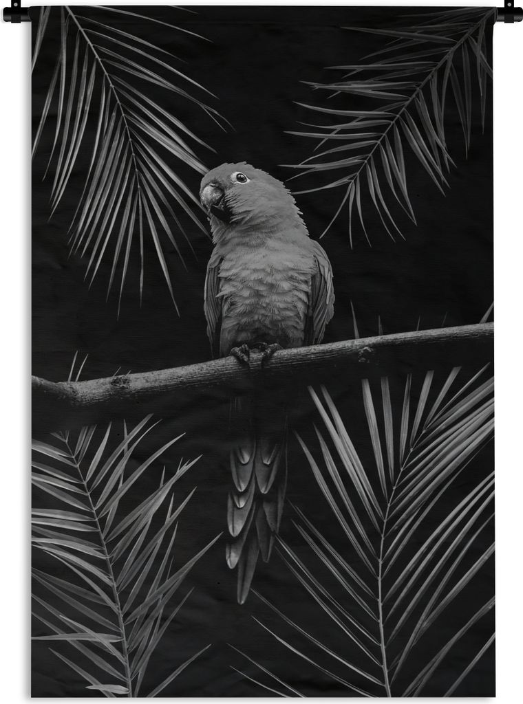 MuchoWow Wandteppich Wandbehang Vogel auf schwarzem Hintergrund mit Palmzweigen - schwarz und weiß 90x135 cm Tapisserie Dekoration Wandtuch - Ba...