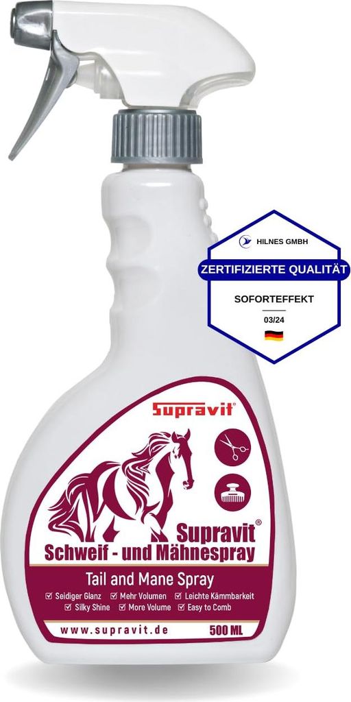Supravit Schweif und Mähnenspray für Pferde 500ml | Für Glanz , Volumen & leichte Kämmbarkeit | Spray inkl. Sprühflasche und Ablaufhahn