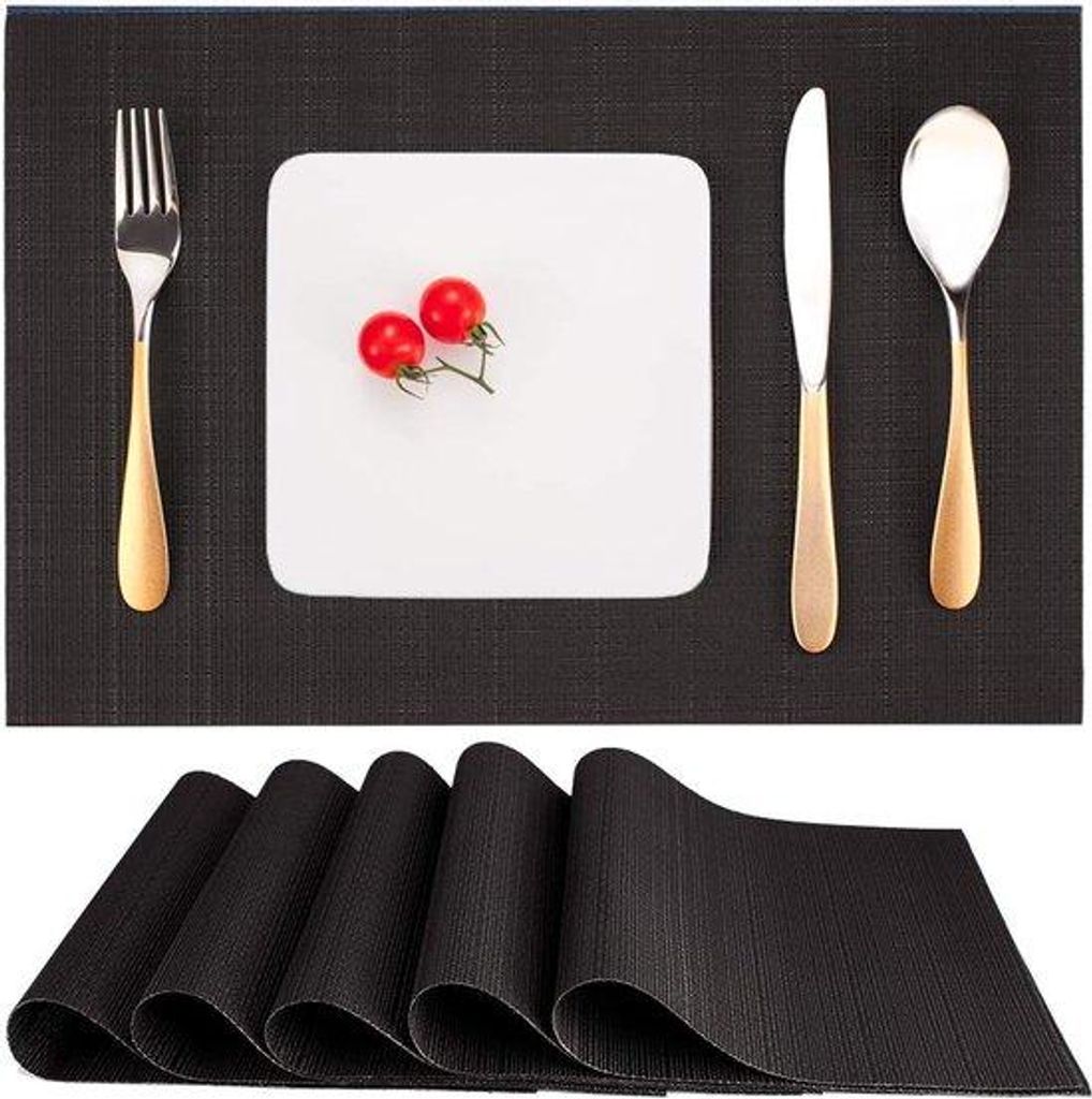 Vinyl-Placemats-Set mit 6 Stücken, Waschbar und Hitzebeständig, Antislip, für Küche, Familie, Restaurant und Kaffeebar (Schwarz)