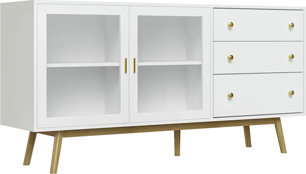 Bahut de salon blanc 160x40x80 cm avec portes en verre et rangement