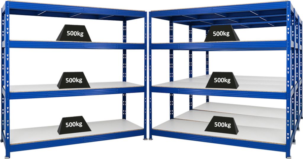 Mega Deal | 4x Profi Schwerlastregal Rhino | HxBxT 180x200x60cm | 4 Melamin-Ebenen 16mm | Fachlast 500kg | Blau