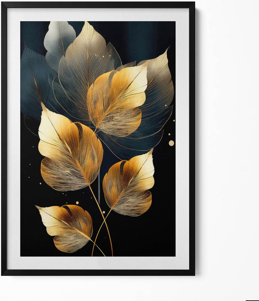 Gold Glamour Blätter– Wandbild mit Rahmen – Gerahmtes Bild – Wanddekoration – 70x100 cm – Schwarz Rahmen