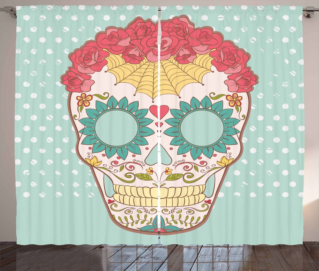ABAKUHAUS Zuckerschädel Rustikaler Vorhang, Floral Lady Schädel, Wohnzimmer Universalband Gardinen mit Schlaufen und Haken, 280 x 175 cm, Mehrfarbig