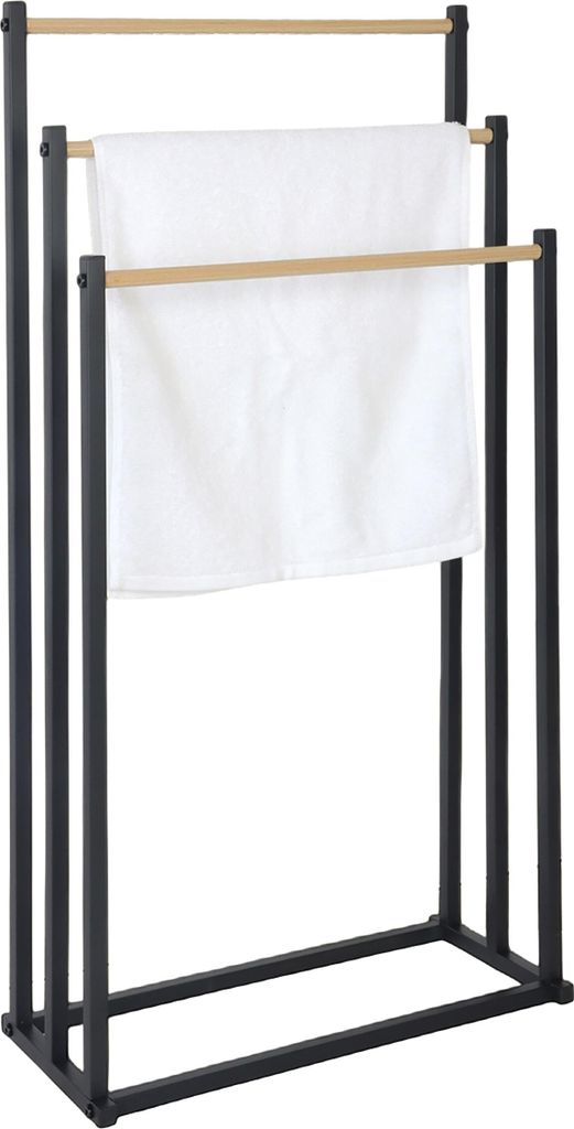 Relaxdays Handtuchständer, HBT: 86 x 44 x 21 cm, Metall, 3 Stangen in Holzoptik, stehender Handtuchhalter, schwarz/natur