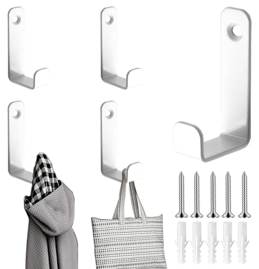 Lot de 5 patères blanches en L, crochets muraux robustes à visser en métal