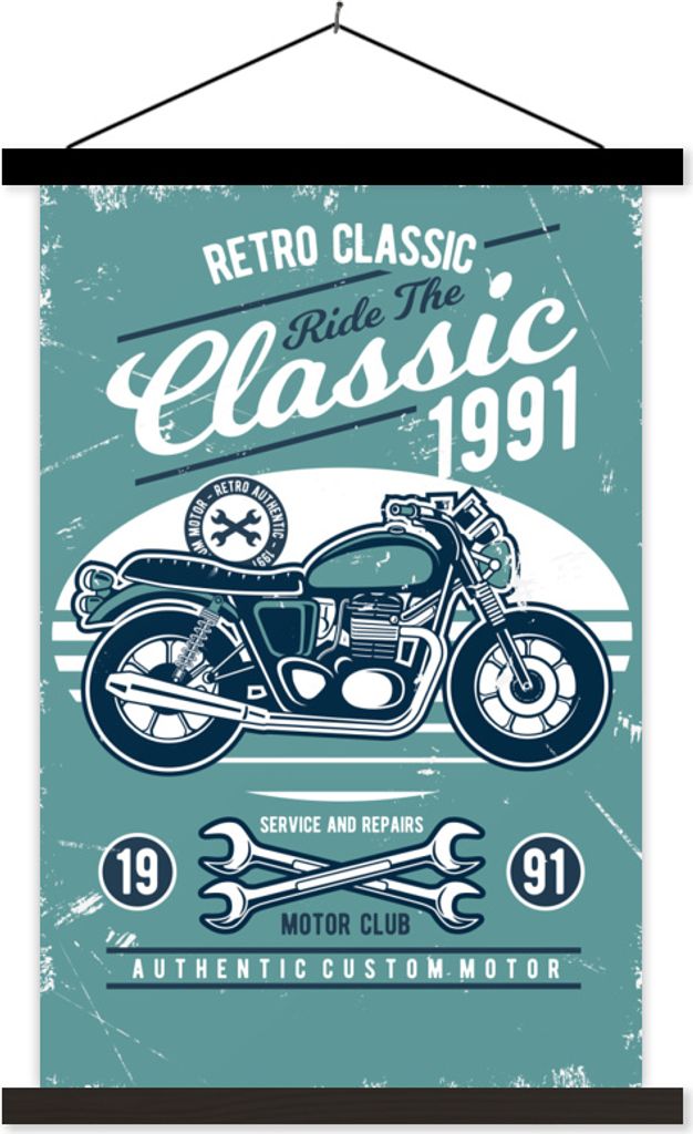 MuchoWow Textilposter Motorrad - Werkzeuge - Vintage - Zeichnung 60x90 cm mit schwarzem Rahmen - Poster Wohnzimmer