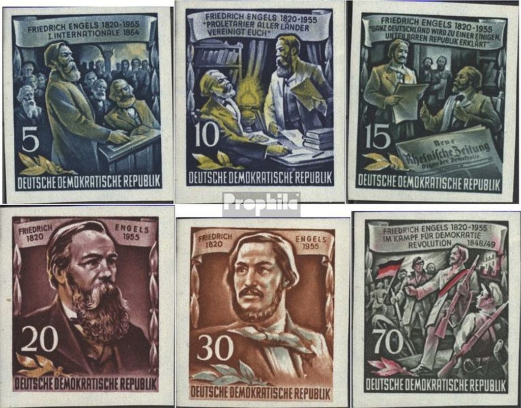 Briefmarken DDR 1955 Mi 485B-490B (kompl.Ausg.) gestempelt 60.Todestag von Engels