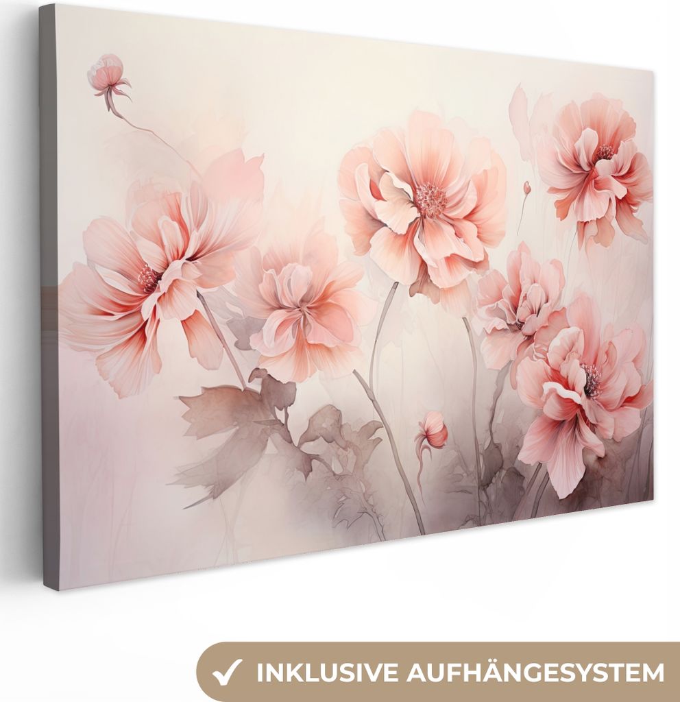 MuchoWow - Leinwandbilder - Blumen - Rosa - Kunst - Abstrakt - Aquarell, Wandbild, Wanddeko Bilder Wohnzimmer, 60x40 cm