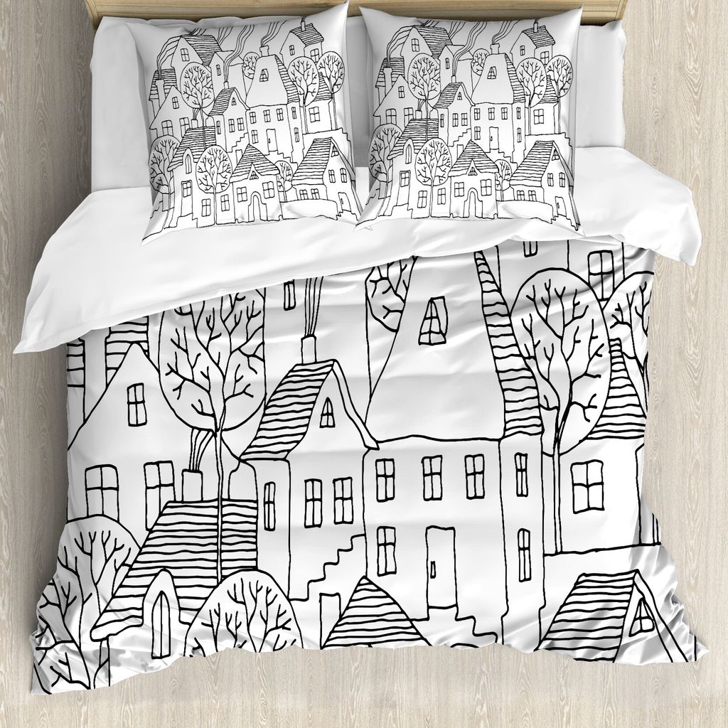 ABAKUHAUS Skizzenhaft Bettbezug, Cartoon House Village, Milbensicher Allergiker geeignet mit Kissenbezügen, 200 cm x 200 cm - 80 x 80 cm, Schwarz ...