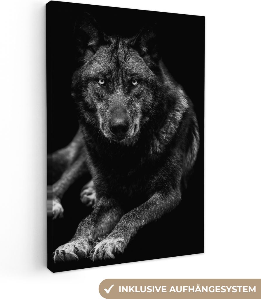 MuchoWow - Leinwandbilder - Tiere - Wolf - Schwarz - Weiß - Porträt, Wandbild, Wanddeko Bilder Wohnzimmer, 40x60 cm