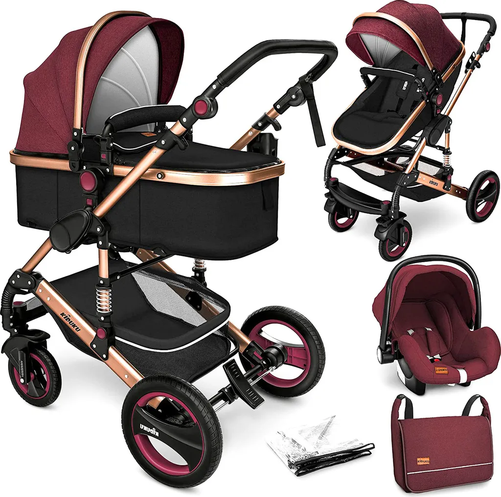 Poussette 3 en 1 Évolutive Kiduku Bordeaux Noir Châssis en Aluminium