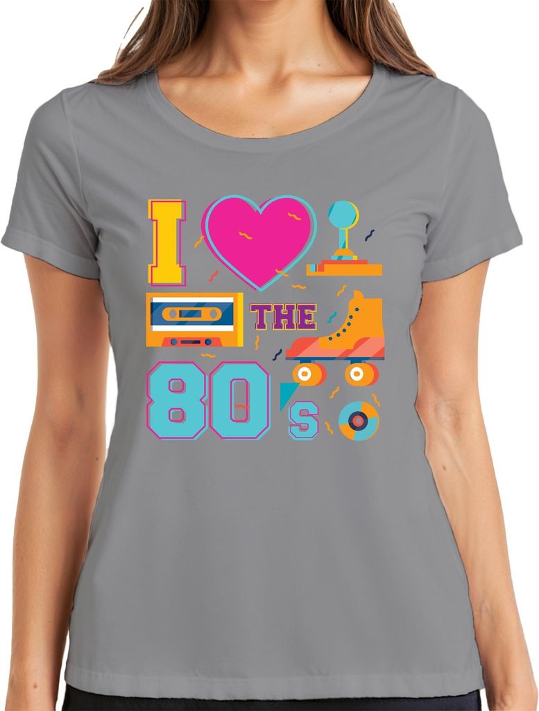 I THE 80's Retro 80er Nostalgie Rollschuhe Kassette Disco Party Damen T-Shirt, Grau, L