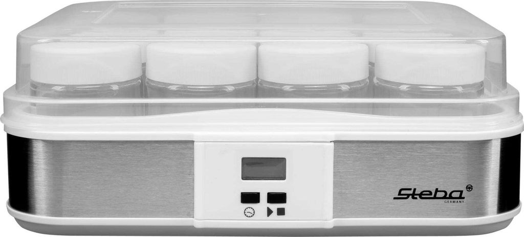 A Steba JM2 yogurt maker with four glass jars and clear lids.