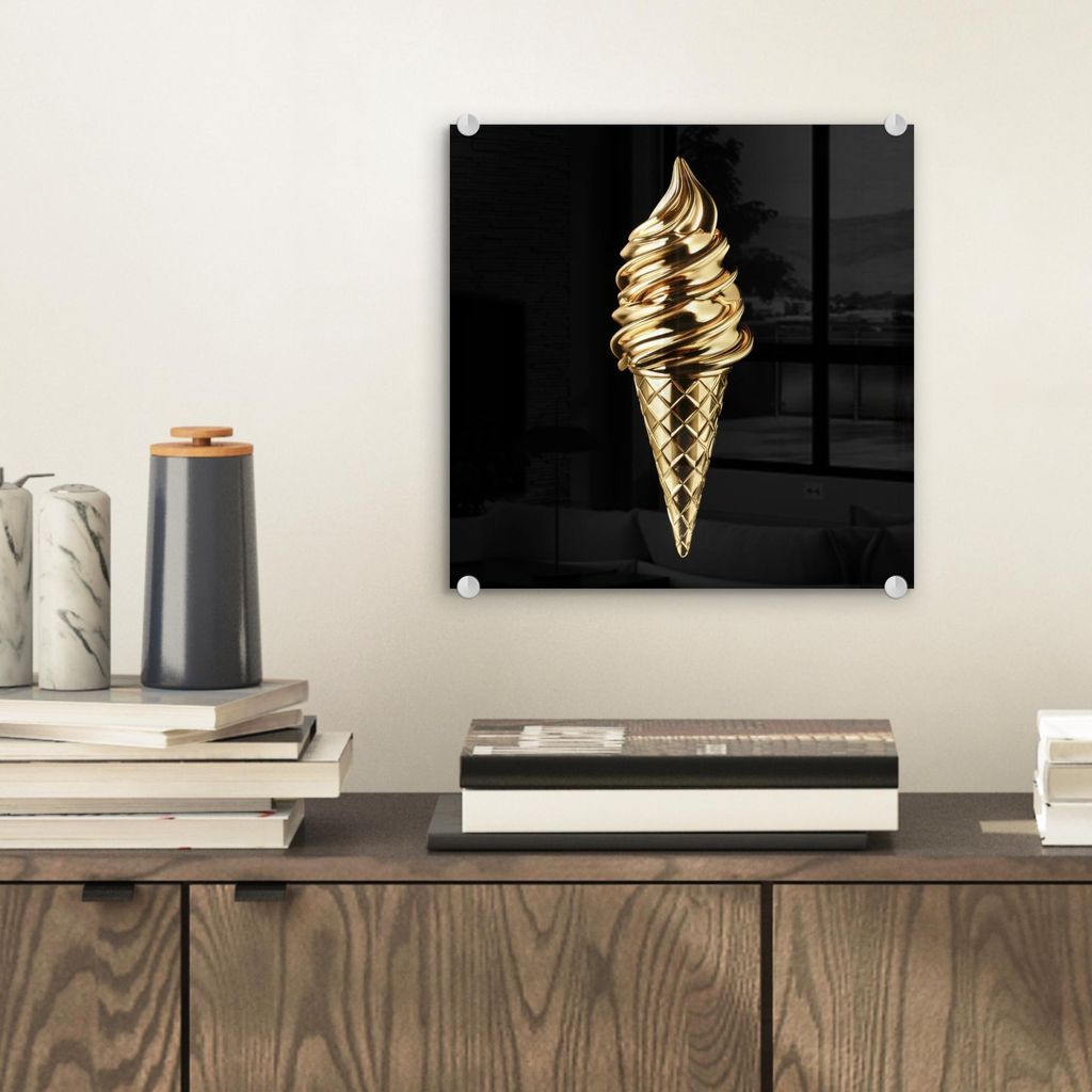 MuchoWow Glasbilder - Bilder auf Wandbild - Foto auf Glas Eiscreme - Gold - Schwarz - Lebensmittel 40x40 cm Wanddekoration aus Glas - Acrylglasbild...