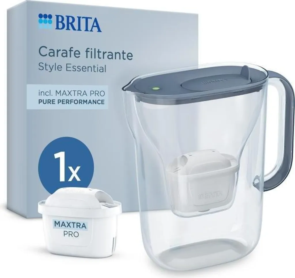 Caraffa filtrante BRITA Style Essential, capacità totale 2,4 l, 1,4 l di acqua filtrata, blu minerale, 1 filtro Maxtra Pro